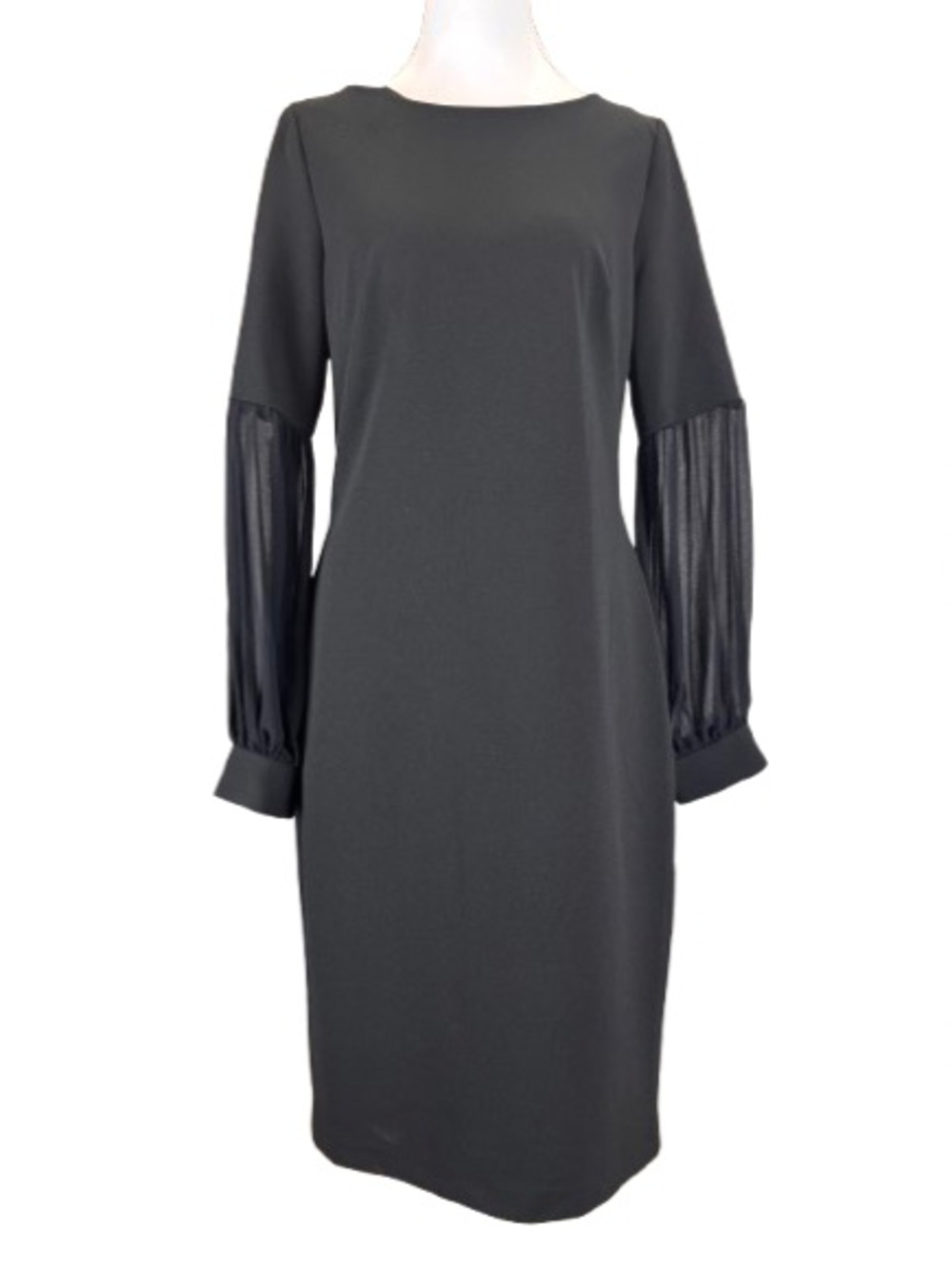 Calvin Klein Black Sheath Dress Pleated Sleeve Gold Zip Knee Length Size 10 NWT
